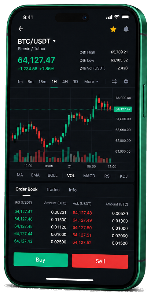 Plateforme de trading mobile Capital Héritage — graphique BTC/USDT en direct, carnet d’ordres et interface pour acheter ou vendre